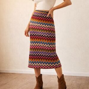 Chesley Multicolor Zig Zag Knit Boho Midi Skirt Sz SP
